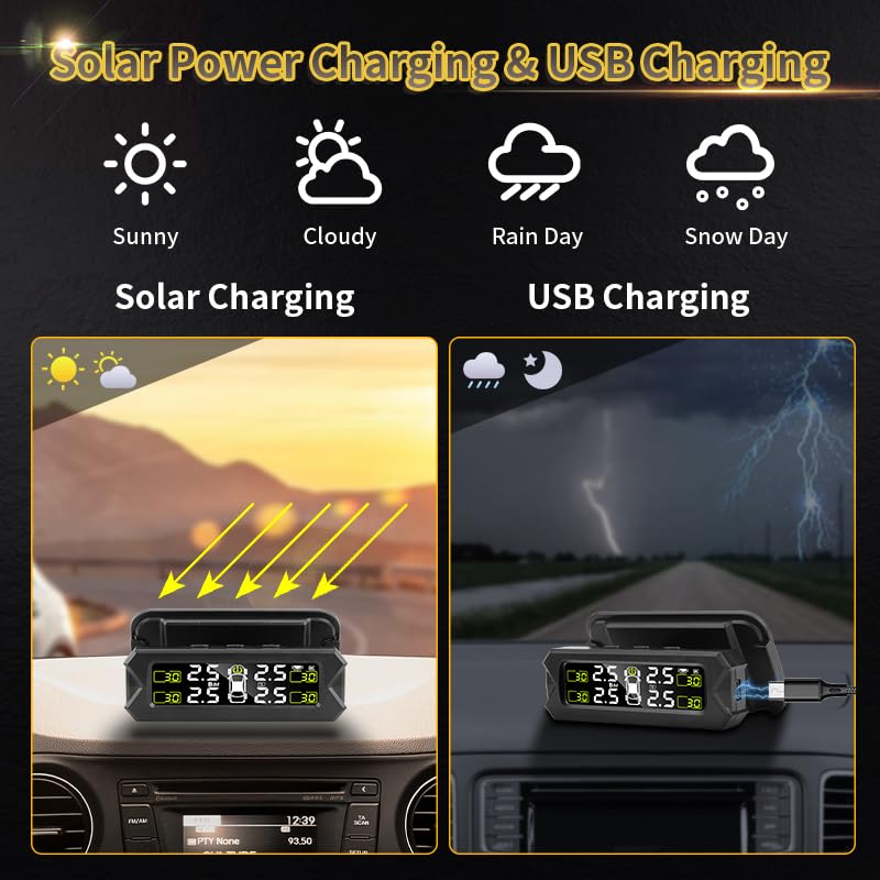 Tpms Sistema di monitoraggio della Pressione dei Pneumatici Solare for Auto con 4 sensori Display avviso Intelligente della Temperatura della Pressione dei Pneumatici Pressione Pneumatici