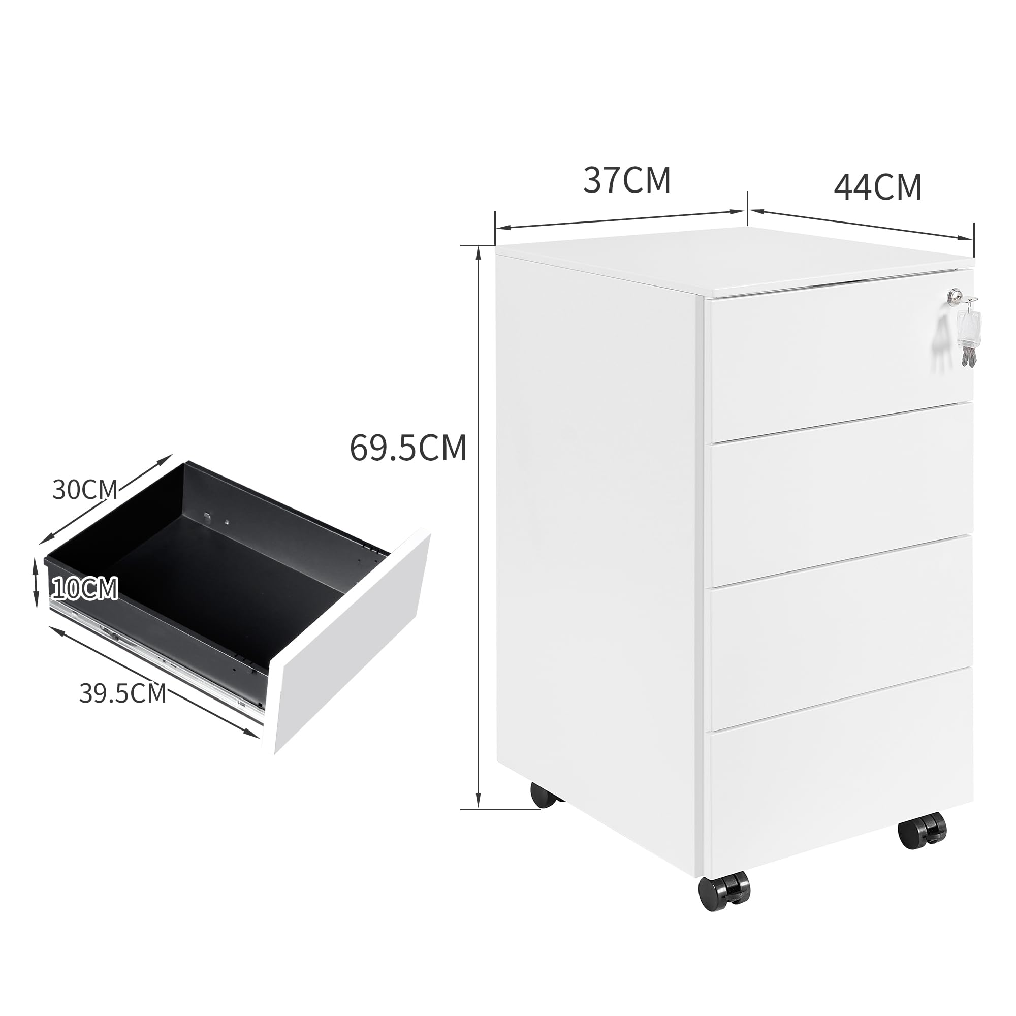 Rollcontainer mit Schubladen, Mobiler Aktenschrank unter Schreibtisch, Abschließbarer Büroschrank, Druckertisch, 4 Schubladen 4 Schlüssel, Vormontiert, Büro, Homeoffice, Weiß