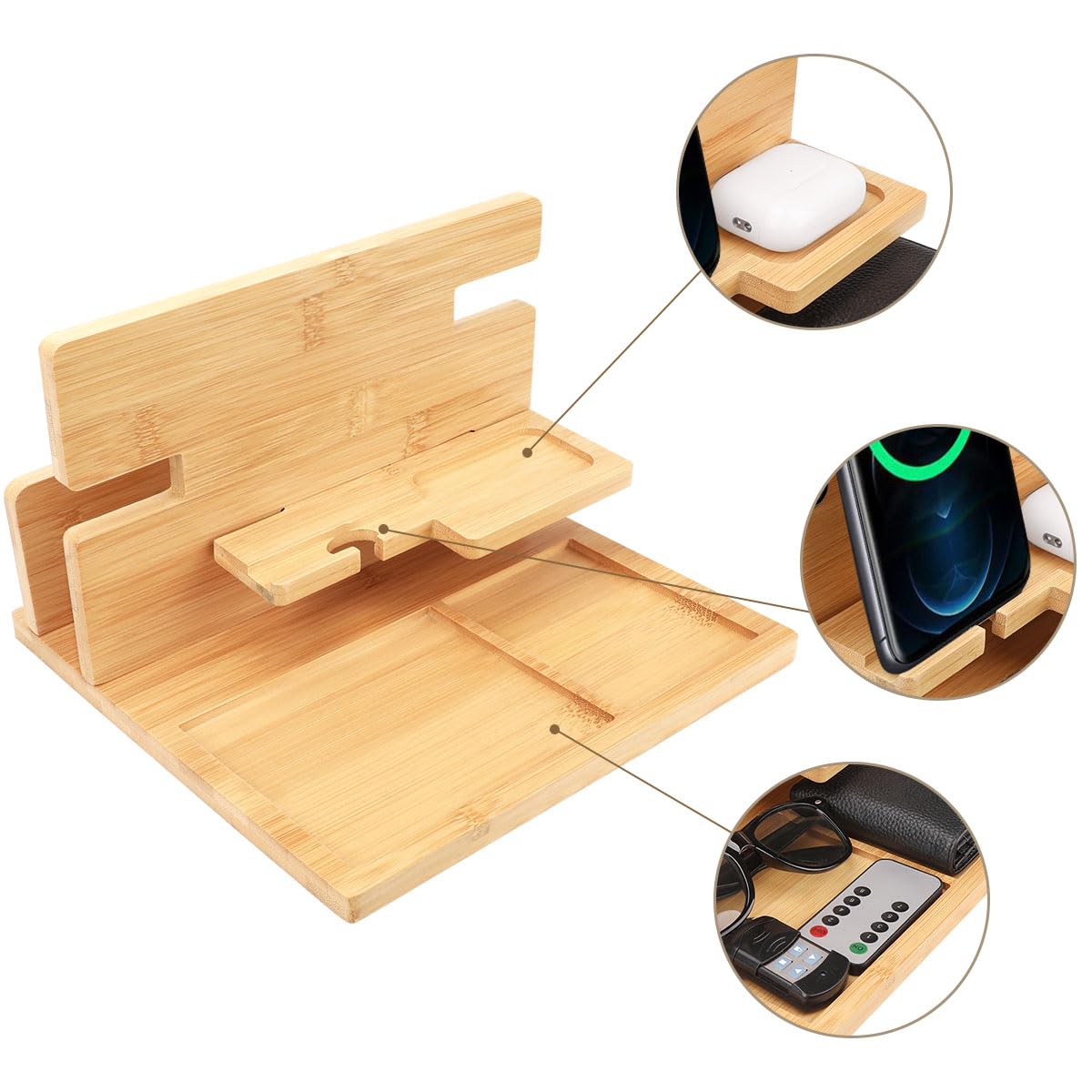 Soporte de bambú para teléfono, cartera, reloj, mesita de noche, organizador de escritorio para Apple Watch, lápiz, monedero, llaves