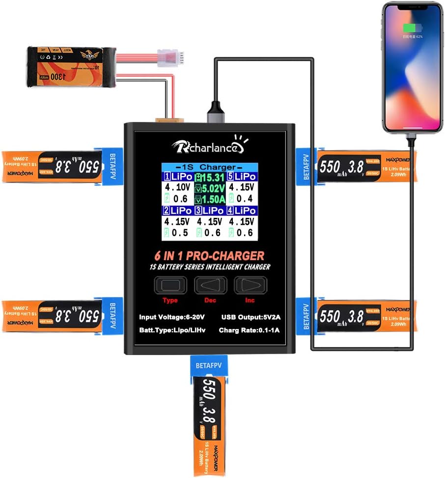 1S lipo Battery Charger,Rcharlance 6 in 1 Balance Charger Discharger 1S Charger Digital Battery Pack Charger with LCD Display,6 Channals & USB Ports,MCX/JST/Mcpx/MOLEX Plug for Lipo/LiHV,Smartphone