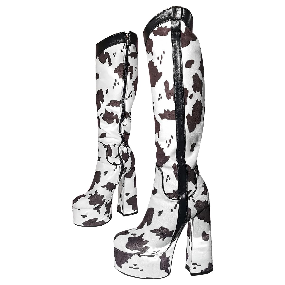 Only maker Womens Knee High Platform Boots Cow Print Chunky Heel Western Boot Statement Party Festival Shoes