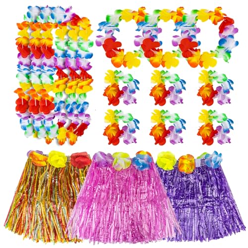 RAINFLOW Hawaiian Grass Skirts 30cm Hawaiian Hula Grass Skirt with Flower Costume Set for Dance Birthday Tropical Party Decorations Favors Multicolor 3 Sets