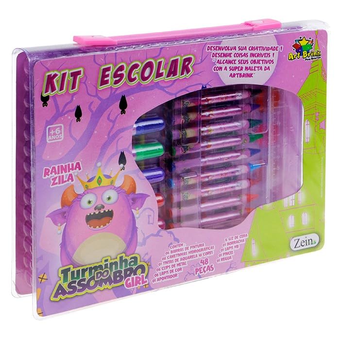 Kit Escolar Infantil, 98 Peças, Estojo Artístico com Lápis, Canetinhas, Giz de Cera, Aquarela e Atividades para Colorir, Rosa