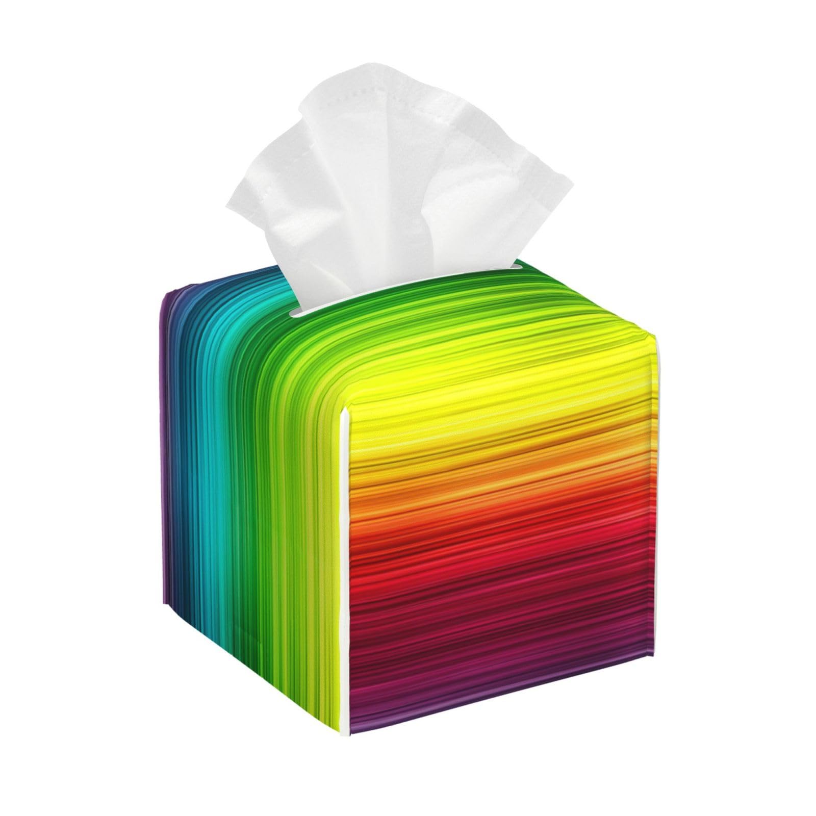 Gradients Horizontal Rainbow Stripes Tissue Box Cover Square Pu Leather Waterproof Tissue Box Holder for Car Bathroom Bedroom Office Tabletop Decor