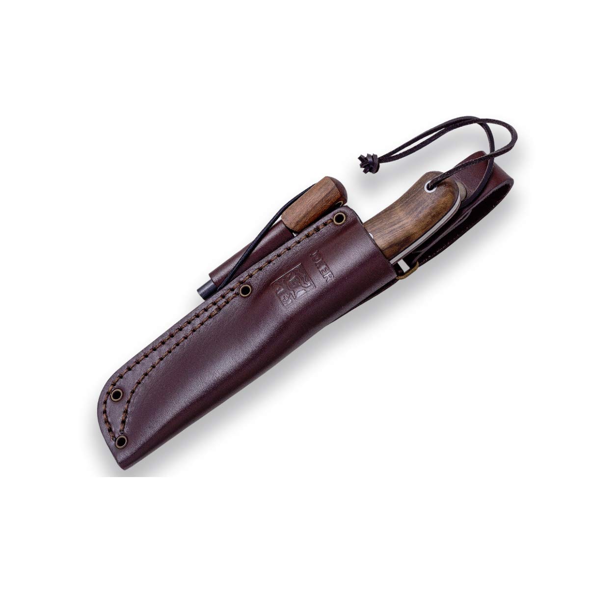 Joker "Trampero CN113-P Sport-Jagd- und Bergsteigermesser, Griff aus Nussbaumholz, 10 cm Klinge, braune Lederscheide, inkl. Feuerstahl, Werkzeug zum Angeln, Jagen, Camping und Wandern