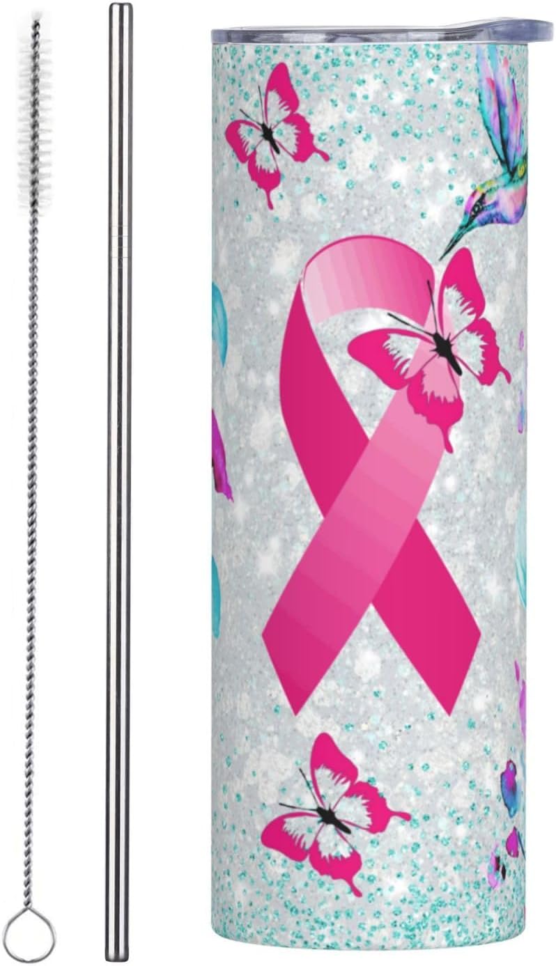 20 oz Pink Ribbon Tumbler with Lid and Straw for Women, Breast Cancer Survivor Gifts - Stainless Steel Vacuum Insulated Coffee Cup Double Wall Travel Mug for Hot and Cold Drinks