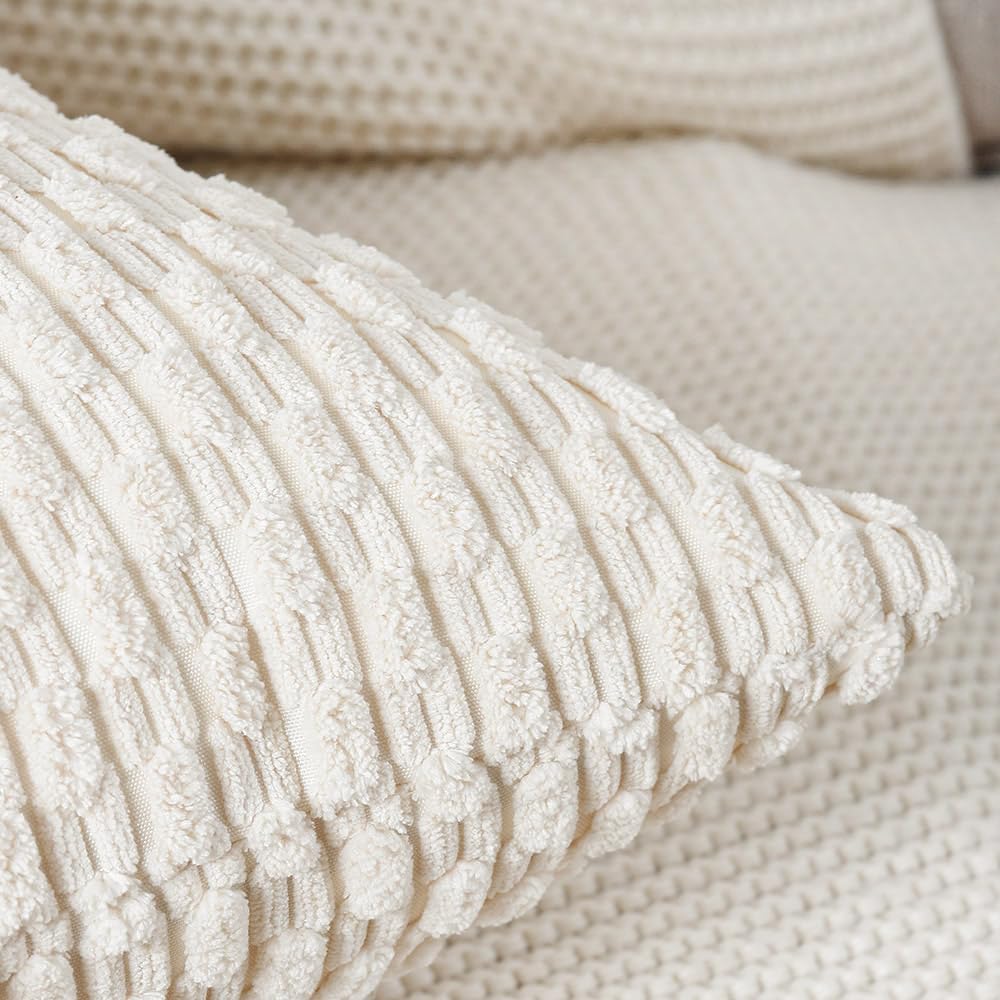 MADIZZ Pack of 2 Corduroy Decorative Throw Pillow Covers 22x22 Inch Cream White Soft Boho Striped Couch Throw Pillows for Bed Pillowcases for Sofa Livingroom Home Decor