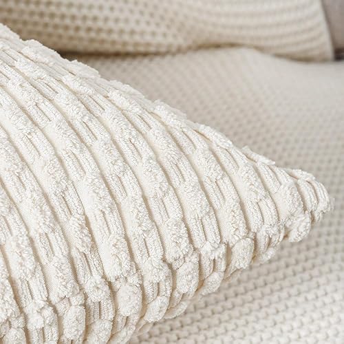 Miniatura 3 de MADIZZ Juego de 2 fundas de almohada de pana bohemia a rayas de 26 x 26 pulgadas, color blanco crema, fundas de cojín decorativas suaves para