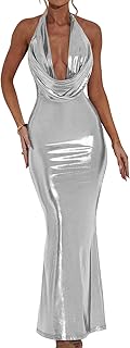 Memoriesea Women's Luxury Metallic Halter Neck Bodycon Party Evening Gown Maxi Dress