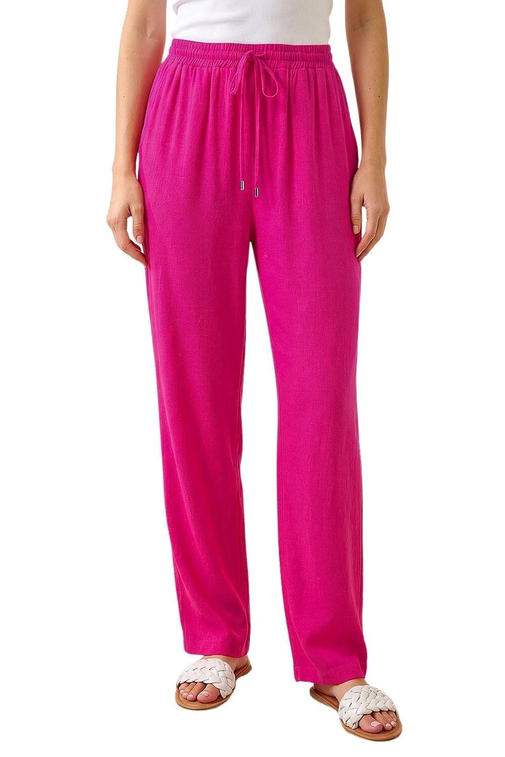 Roman Originals Women's Pink Roman Full Length Linen Trouser For Uk - Spring Everyday Summer Holiday Elasticated Waist Comfy Drawstring Soft Relaxed Fit Bottoms Day Out Pants - Size 18