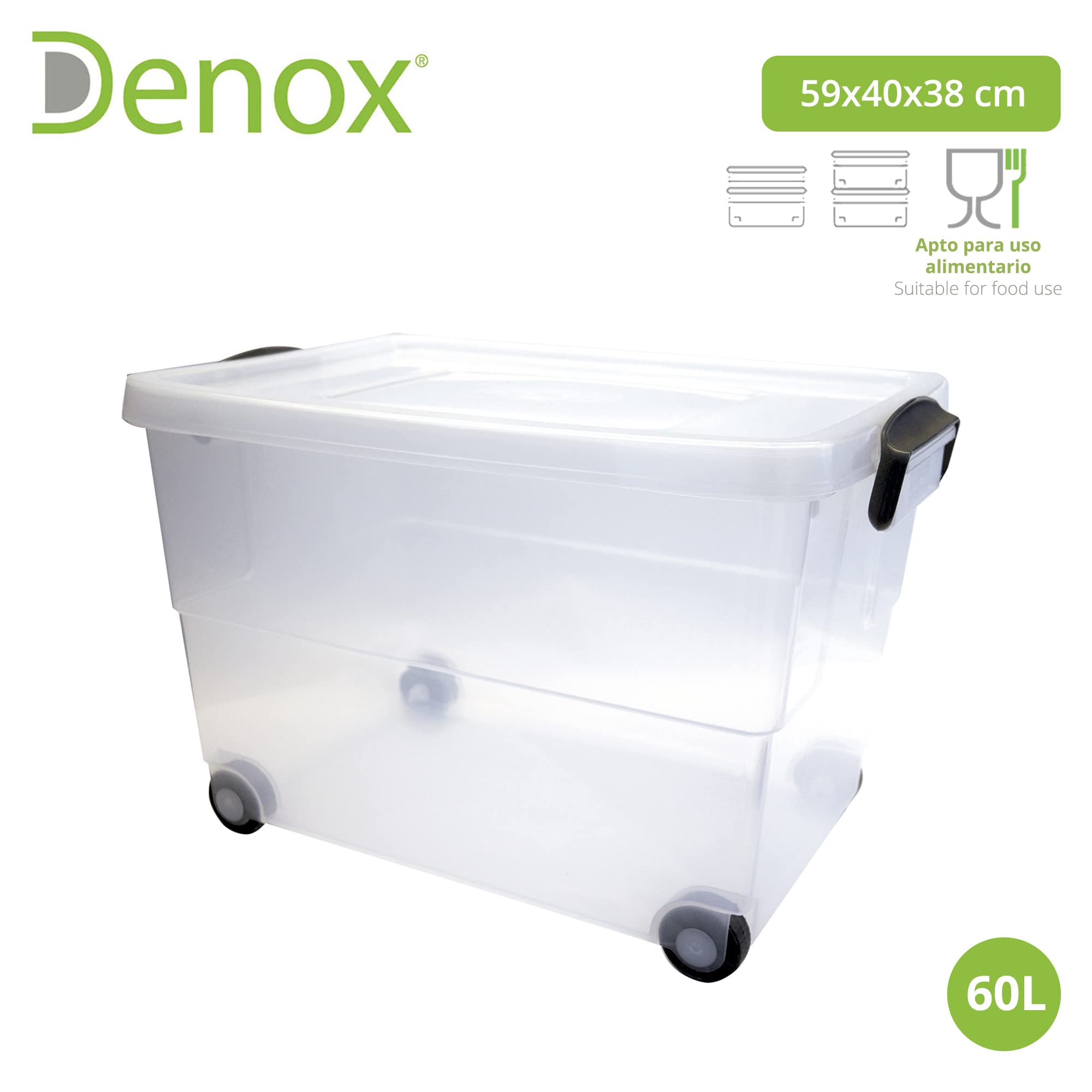 DENOX | Caja de Almacenaje Transparente con Tapa y Ruedas | Apilable y Encajable | Asas Laterales para Fácil Transporte | Capacidad 60L | Medidas (mm): 590 x 400 x 380