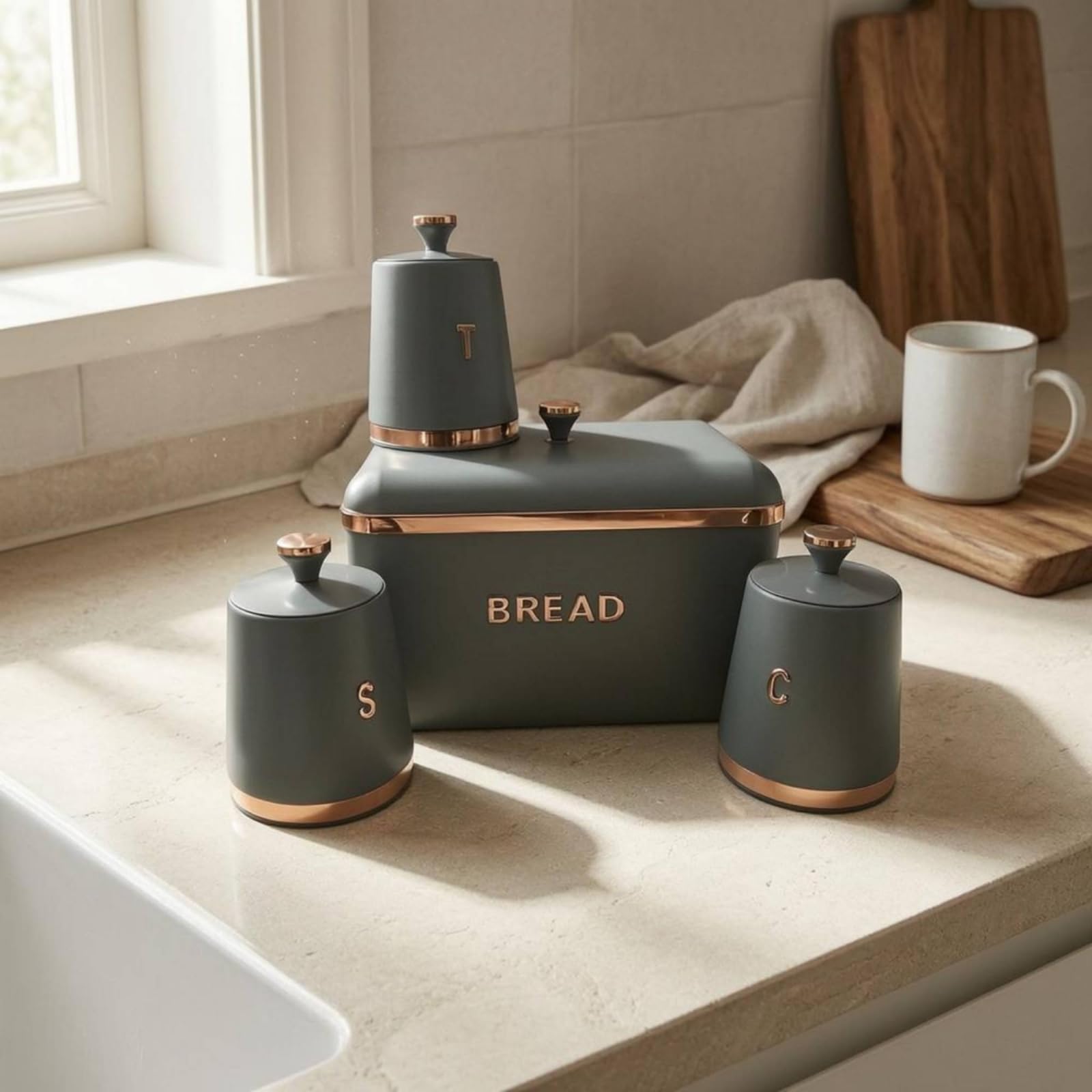 predolo 4 Piezas Contenedor de Almacenamiento de Cocina Botes Recipientes Set de Hierro con Recubrimiento y Perilla Tapa Hermética y Abertura Fácil Adecuado, Gris