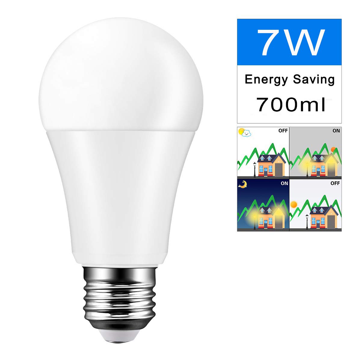 Confezione da 6 lampadine a incandescenza Twilight, 7W equivalenti a 70W E27 LED, luce bianca fredda, 6000 K, a risparmio energetico, con sensore crepuscolare, per scale, porta di casa, giardino