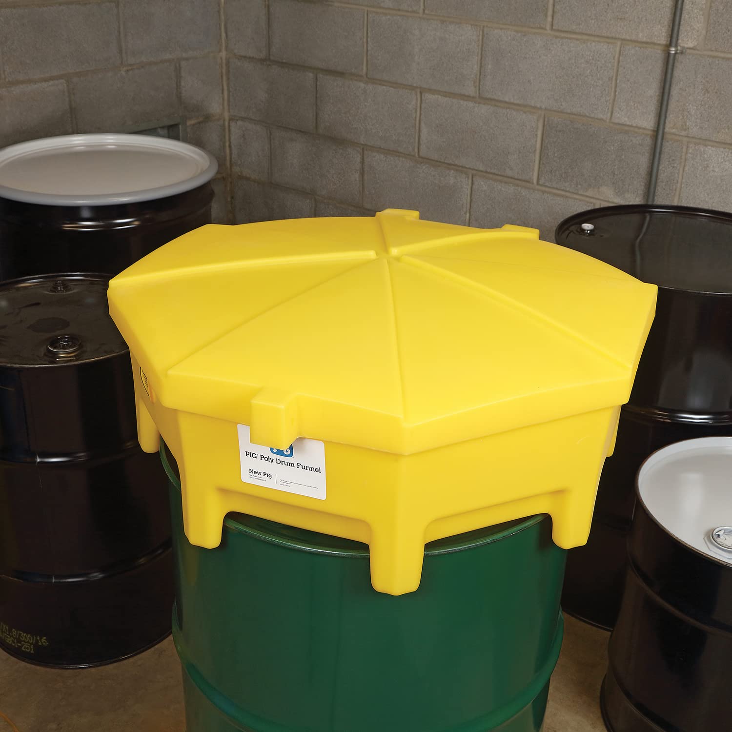 PIG Poly Drum Funnel | Hinged Lid | for 55 Gal Tight-Head Steel & Poly Drums | 29" D x 11" H | Yellow | DRM672-YW