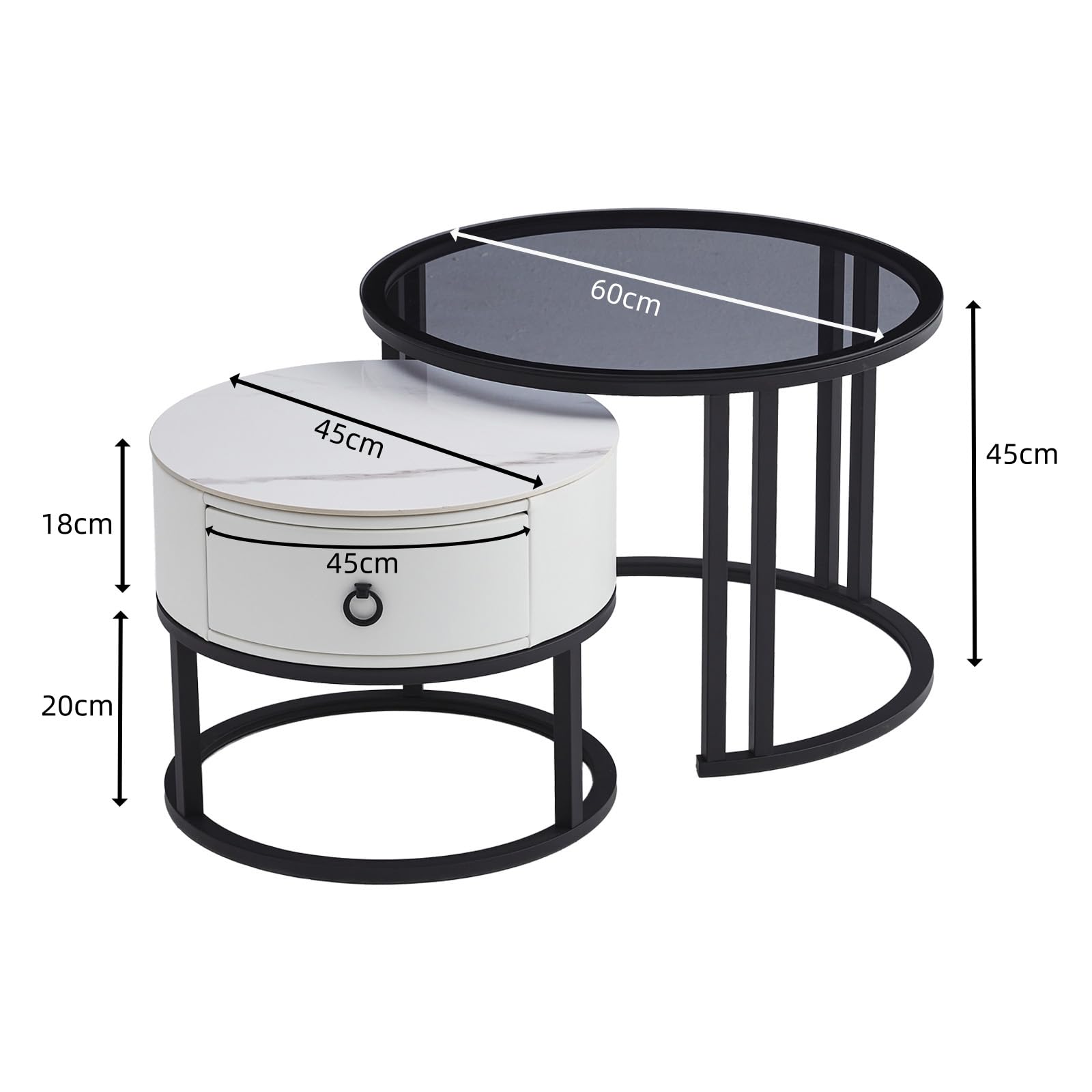 SHARPDO Tables Basses gigognes, Pierre Sinterisée & Verre trempé, Tiroir Simili Cuir Blanc, Lot de 2, Ø 60/45 cm, Design Moderne pour Salon, Ronde