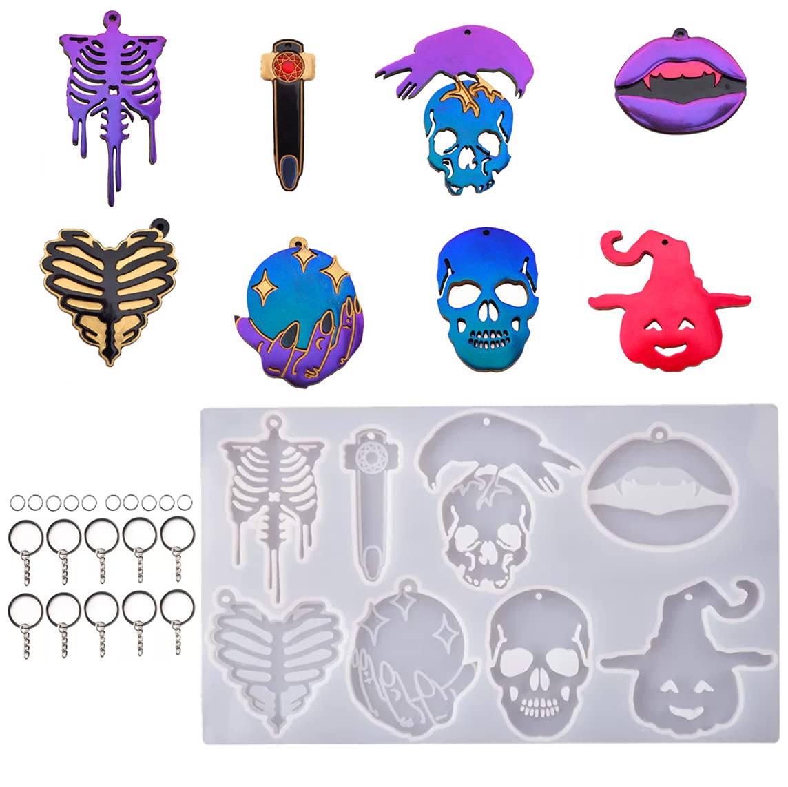 Halloween Skeleton Skull Keychain Charms Epoxy Mold DIY Resin Casting Silicone Mold Kit with 10set silver keychain, Size: 2" - 3"