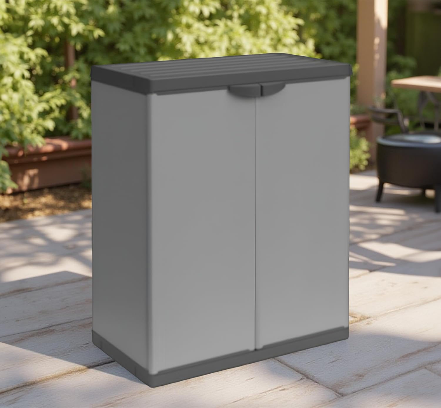 Armadio Basso 2 Ante da Esterno 68x40x85h cm, Ripiano e Maniglie + 3 Borse Raccolta Differenziata Colorate - Idrorepellente, Riciclaggio, Robusto, Anti odore, Lavabile - Sistemi Modulari