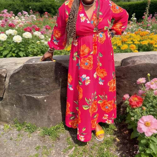 Image of Nuofengkudu Womens Chiffon Deep V-Neck Maxi Dress Summer Boho Dresses(S-5XL)