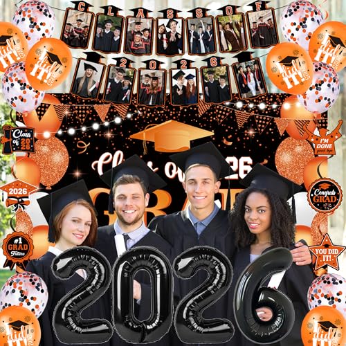 Image of Holkcog 2026 Graduation Decorations, Orange Themed Class of 2026 Congrats Graduation Banner Backdrop, Balloons, Paper Pompoms for Graduation Party Decorations, Outdoor Indoor Grad Party Decor Supplies