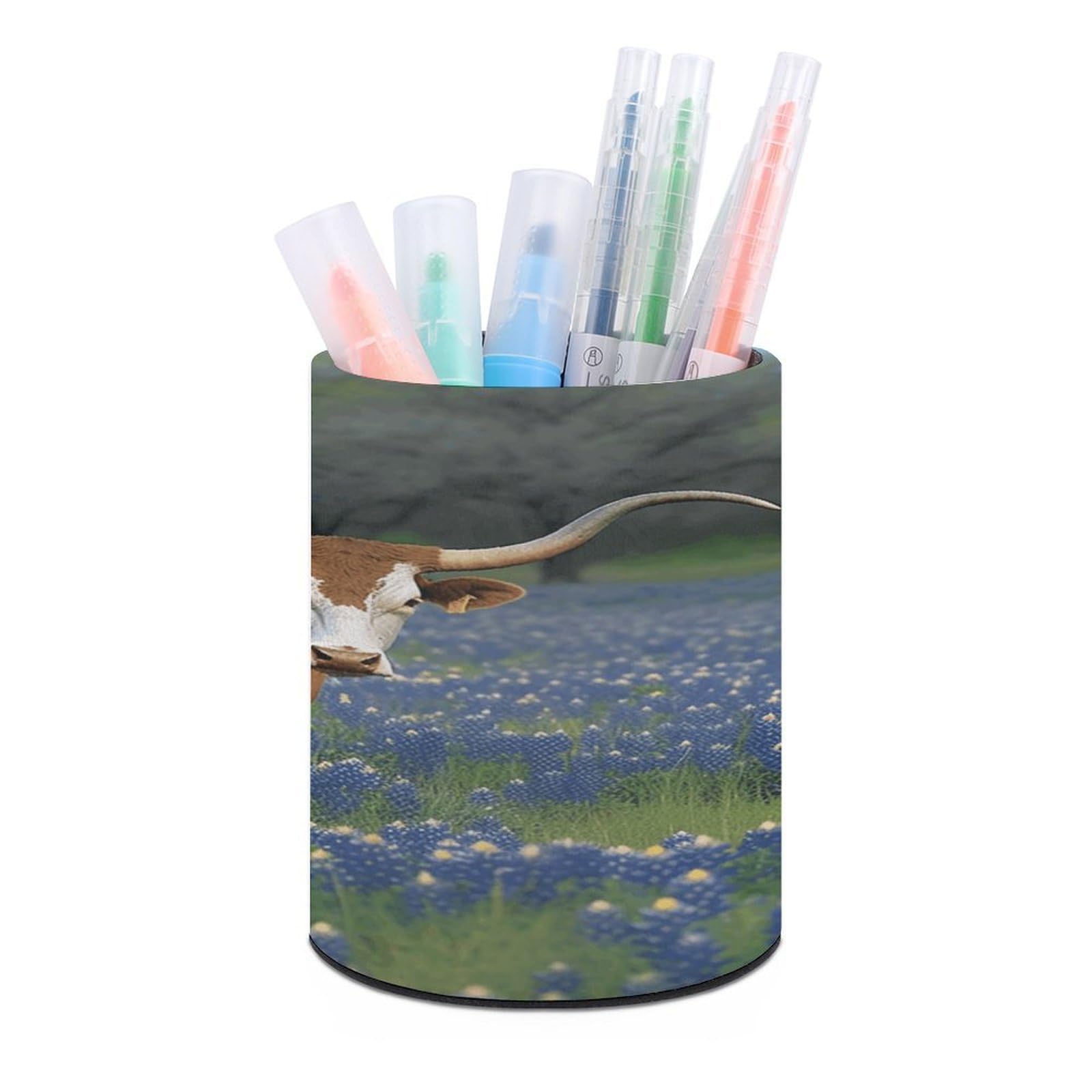VstaDank Bluebonnet Longhorn Pen Holder PU Leather Pencil Cup Minimalist Desk Pencil Holder Round Make Up Brush Organizers For Office Dorm Room&Vanity Desk Accessories