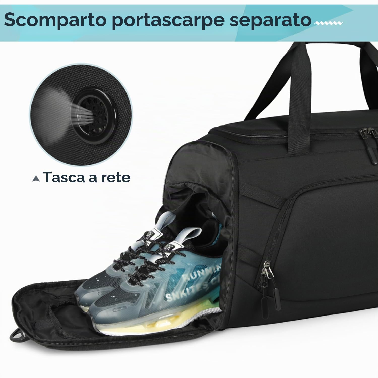 RAINSMORE Borsone Palestra Uomo Borsone da Viaggio Grande Borsa Palestra Donna con Scomparto Scarpe e Tasca bagnata Duffel Bag Gym Bag 55L Nero