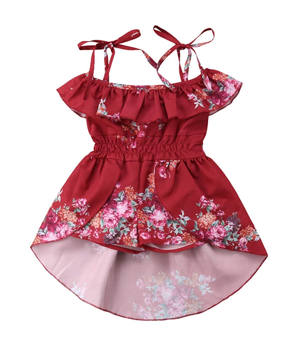 Toddler Baby Girl Off Shoulder Floral Dress Ruffle Strap Romper Jumpsuit Skirt One-Piece (Red, 4-5 Years)