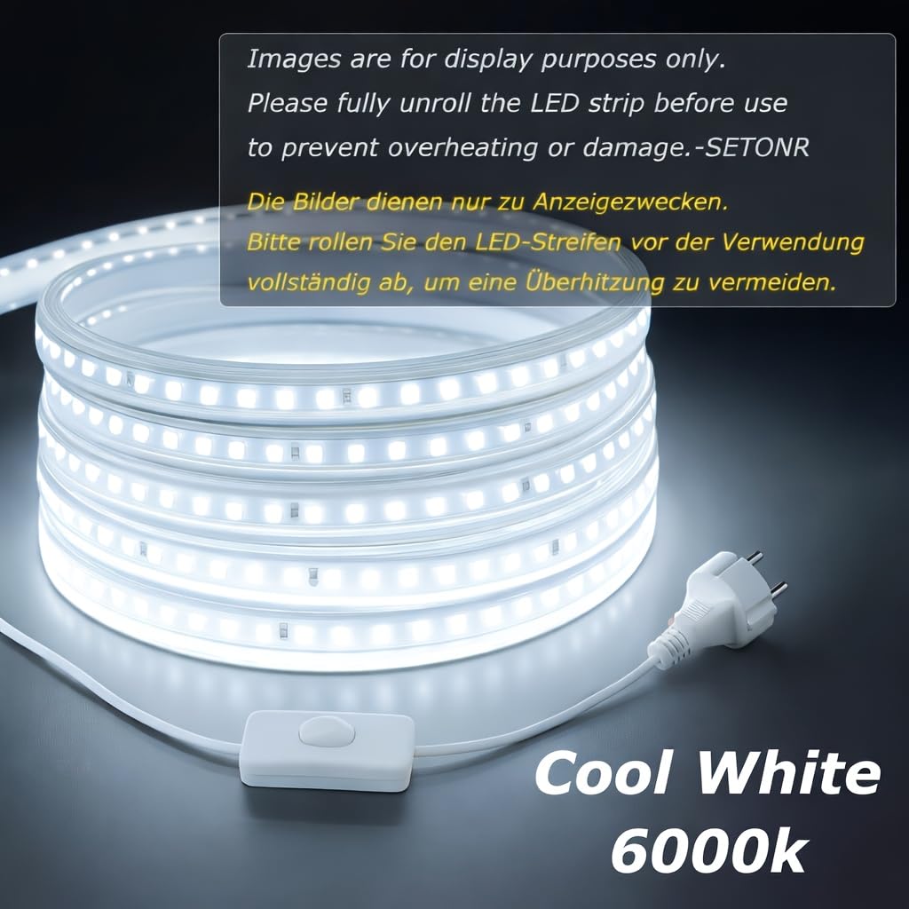 Striscia LED 220V Impermeabile IP65 30 Metri, Illuminazione LED ad Alta Luminosità, per Interni ed Esterni, con Interruttore, Spina Tipo F, Supporto Adesivo e Clip, Luce bianca fredda