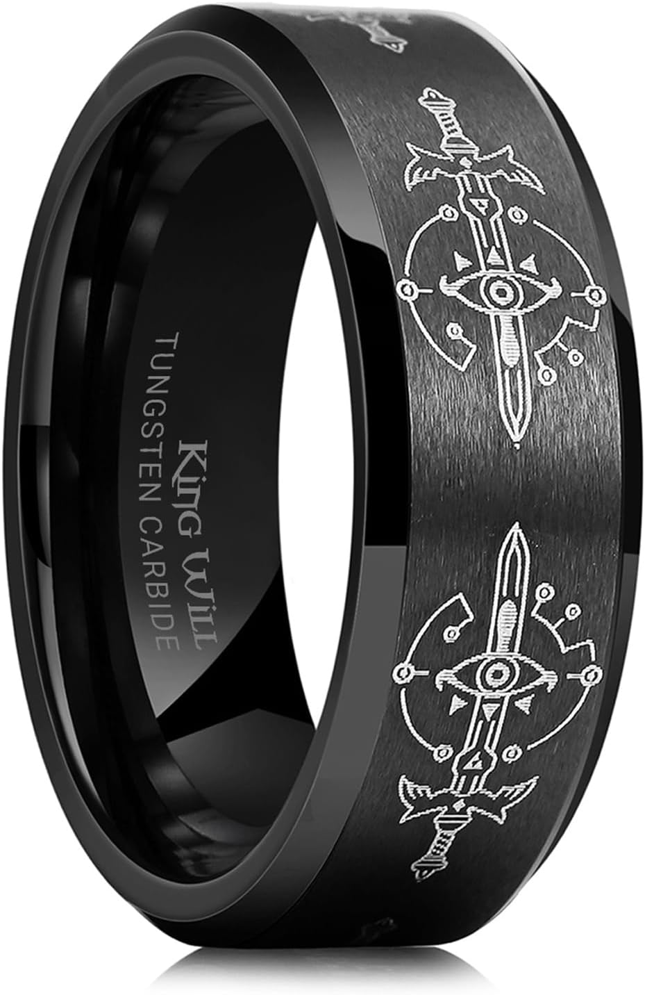 King Will 8mm Mens Black/Blue Tungsten Carbide Wedding Ring Game-Themed Laser Pattern Ring Matte Finished Plated Stepped Beveled Edges