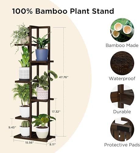 Miniatura 2 de Soporte alto para plantas, soporte de bambú para interiores y exteriores, 6 niveles y 7 macetas para múltiples plantas y macetas, soporte