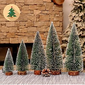 Desktop Miniature Pine Tree 5 Pcs Christmas Trees with Wood Base Table Top Mini Sisal Trees Snow Frosted Trees Ideal for…