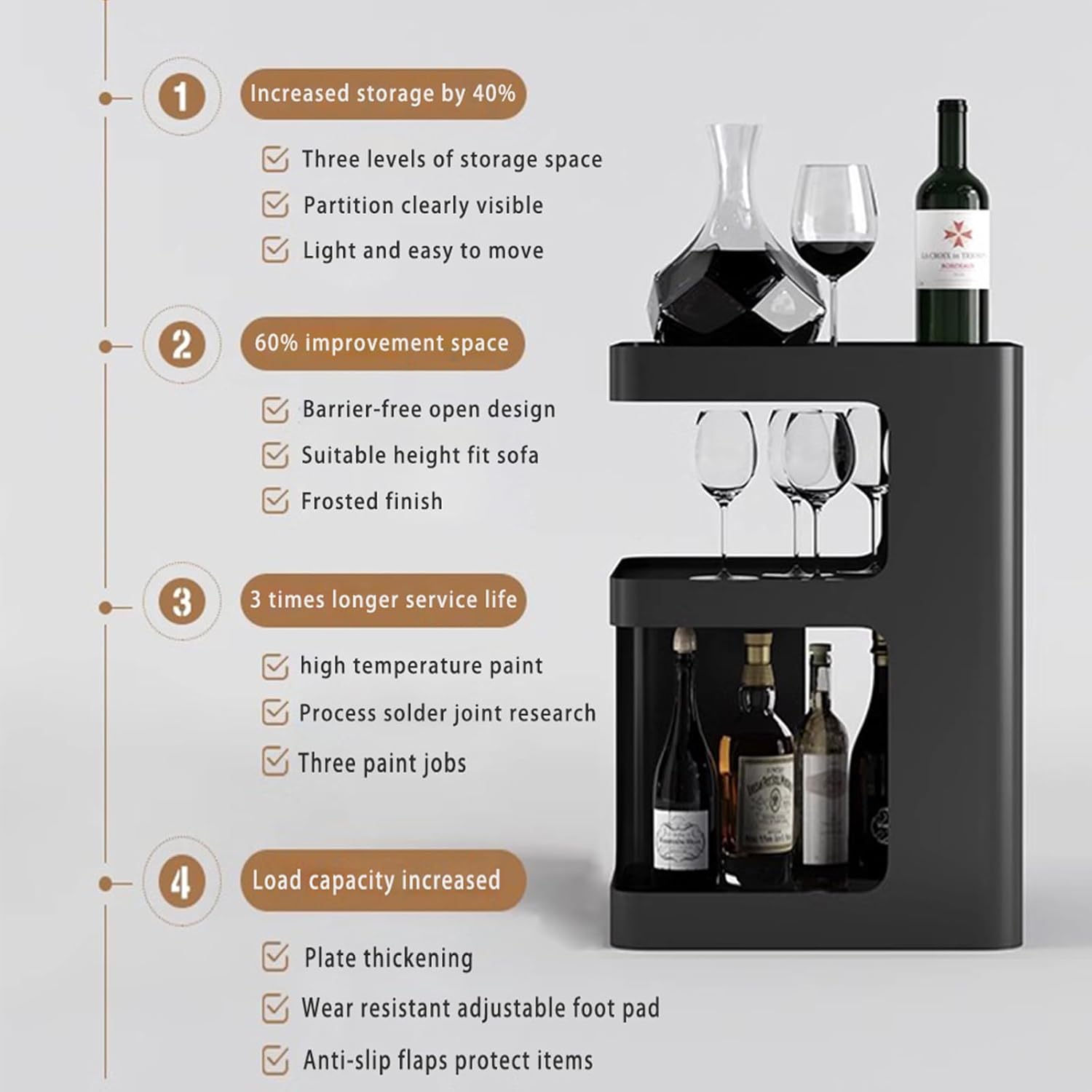 Black Side Table,Modern end Table for Sofa & Couch,3-Tier Metal nightstand,Small Bedside Table with Storage for Bedroom,Living Room,Small Space.No Assembly Required