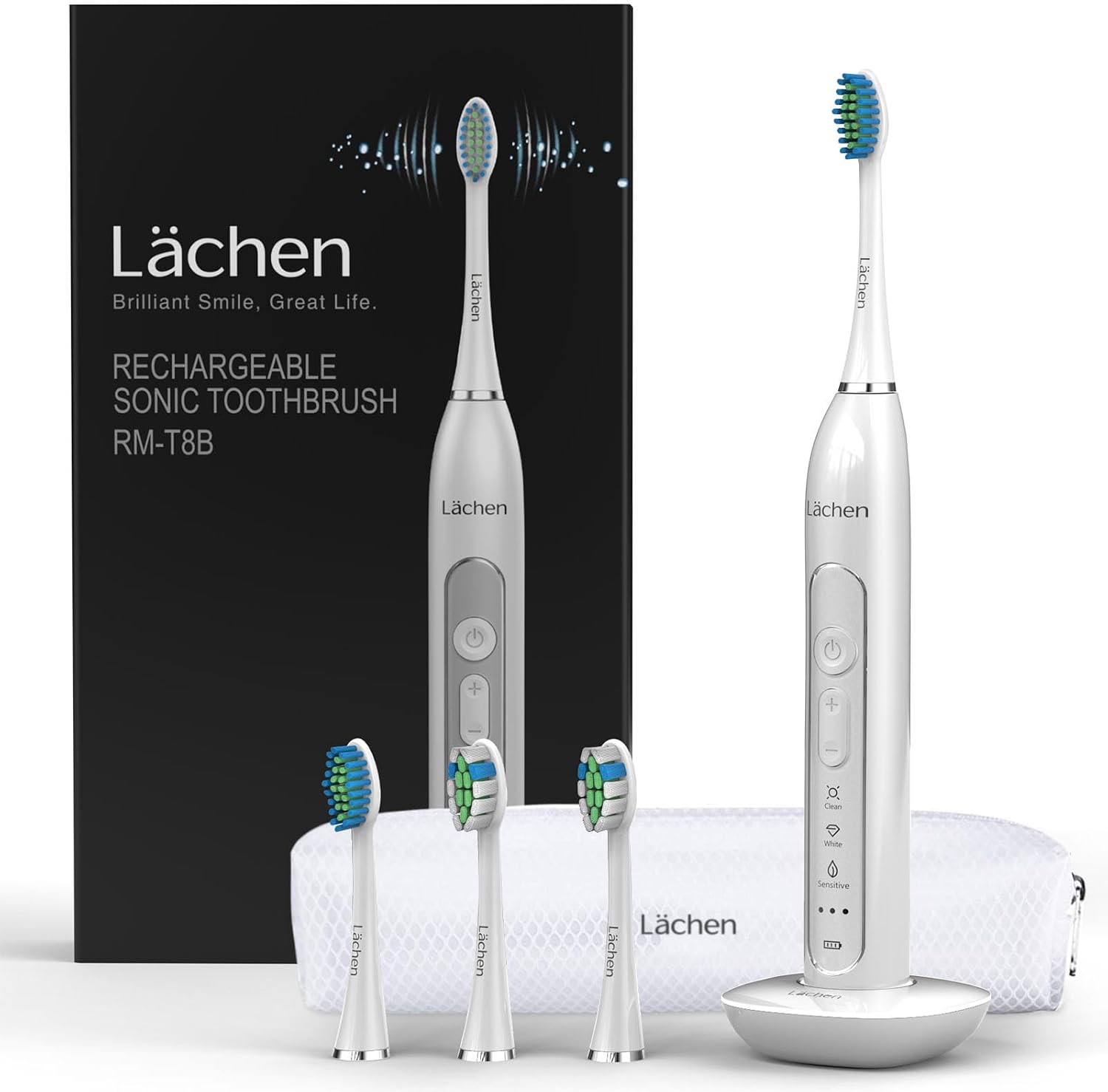 (-51%) Lächen Sonic elektrische Zahnbürste Schallzahnbürste - RM-T8B， mit 4 Aufsteckbürsten und Timer, 3 Modi & 3 Vibrationsstärken mit Reisetasche A-weiß