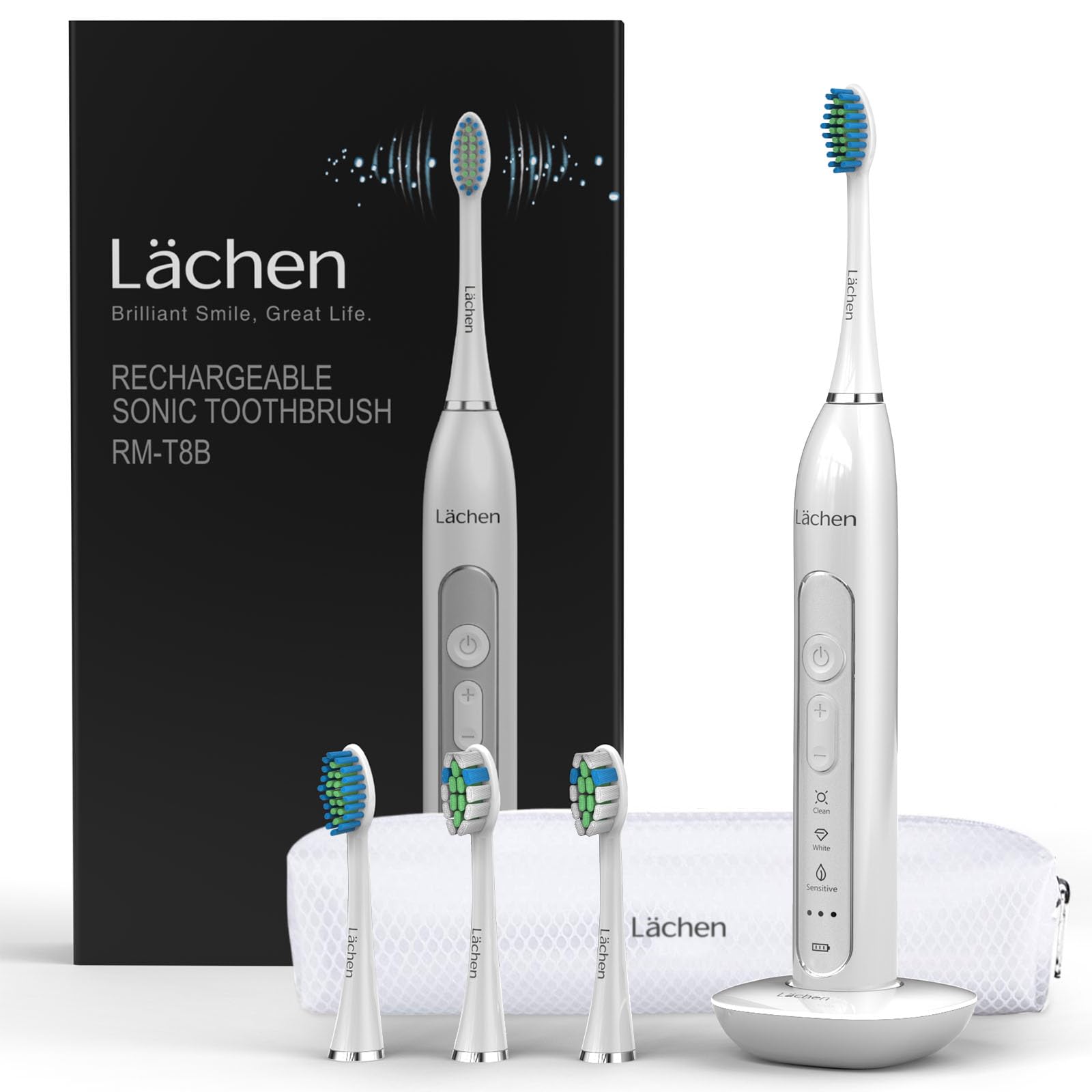 Lächen elektrische Zahnbürste Schallzahnbürste mit 4 Aufsteckbürsten und Timer, 3 Modi & 3 Vibrationsstärken mit Reisetasche