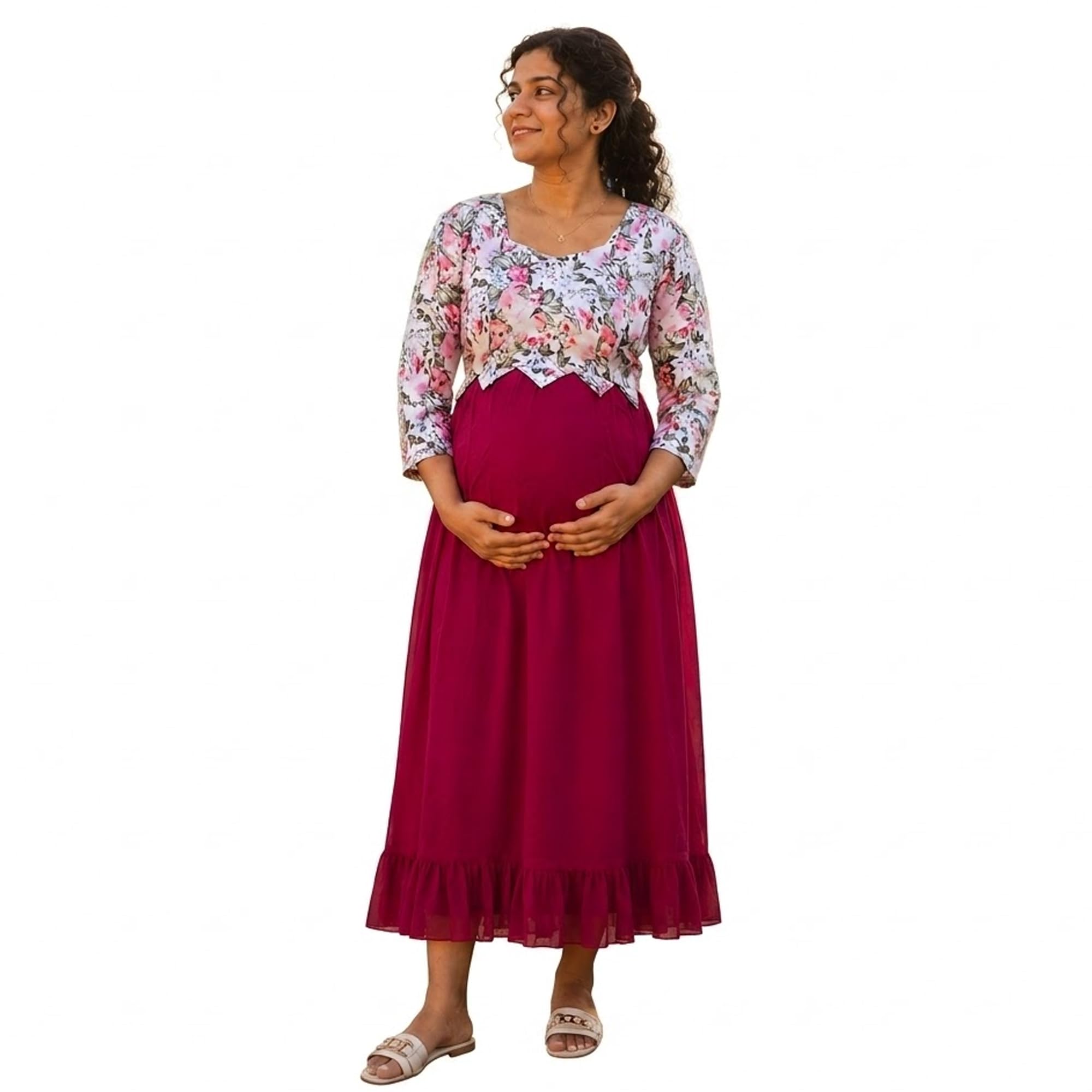 Yath Attire Feeding Dress for Women | Crepe Top & Premium Georgette Bottom | 2 Tier Maternity & Nursing Wear | 3/4 Sleeve, Full Crepe Lining, Back Knot | Length 49–50-image-2
