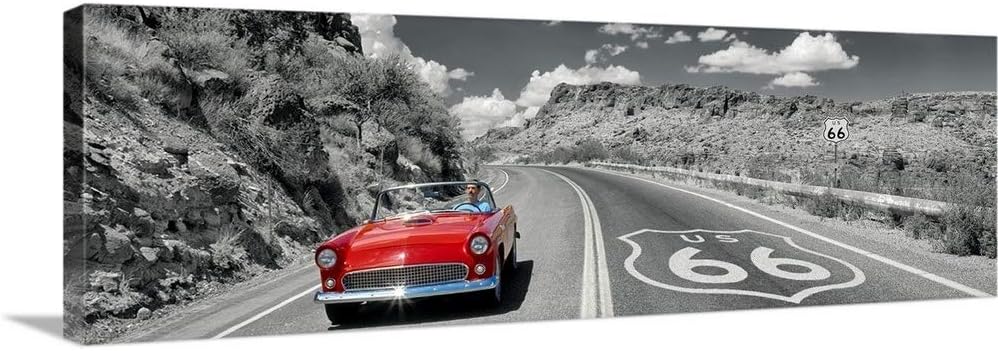 CANVAS ON DEMAND Vintage Car Moving On the Road, Route 66, Arizona Canvas Wall Art Print, Home Decor, Black and White, United States Artwork,48" x16in