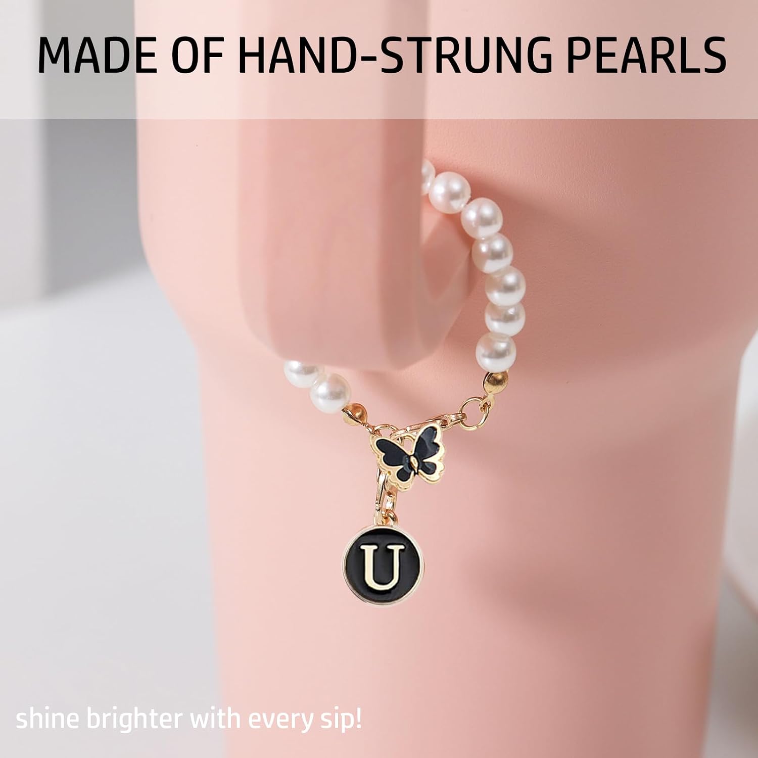 Letter Charm for Stanley Cup，Pearl Chain Accessories Stanley Cup Initial Charms for Handle Stuff Decor Water Bottle Jewelry Tumbler Cute Personalized Name ID Decorations Black Tag (U) image 2
