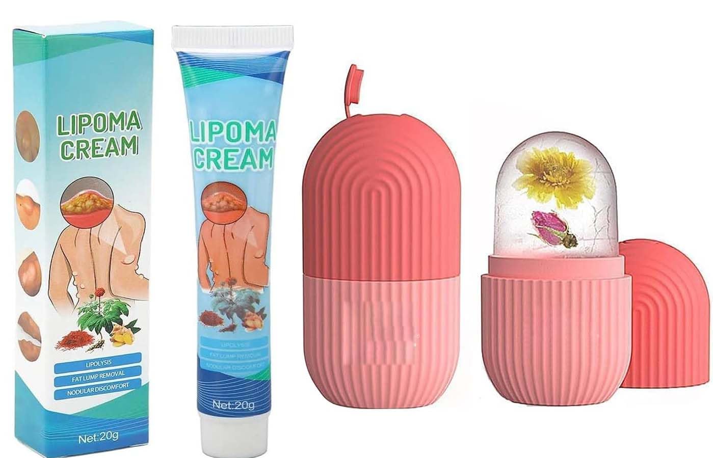 HERBAL LIPOMA REMOVAL CREAM MILD EASY TO USE CARE CREAM WIDE APPLAICATIONS -ICE roller for face women skin glowing ice cube massager Face Puffiness Relief Massage Skin Care Tools for face eye SET 2