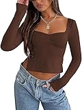 Cugoodte Womens Long Sleeve Crop Tops Sweetheart Neck Sexy Y2k Slim Tops Cute Fall Shirts Slits Cropped Vest Cami Brown