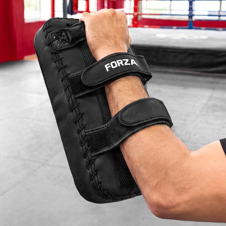 FORZA Muay Thai Strike Pads for Boxing, Kickboxing, MMA & Martial Arts Training, Curved Design with Adjustable Straps & Ergonomic Handle, Black
