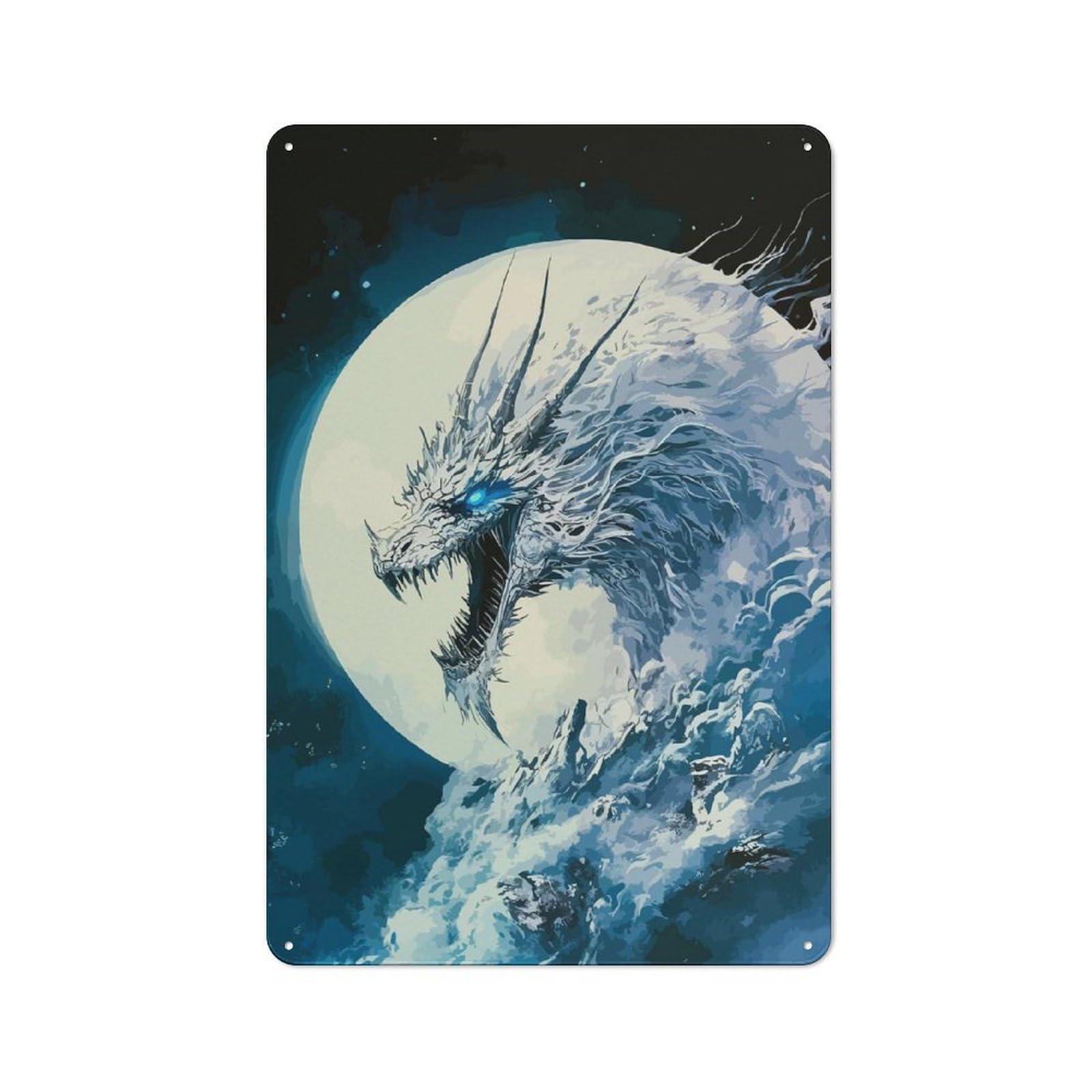 Junmoney Icy Dragon Moon Digital Art Classic Metal Wall Plaque 30X20cm Featuring Creative Space Decor For Workspace, Cafe, Shop Or Desk Area