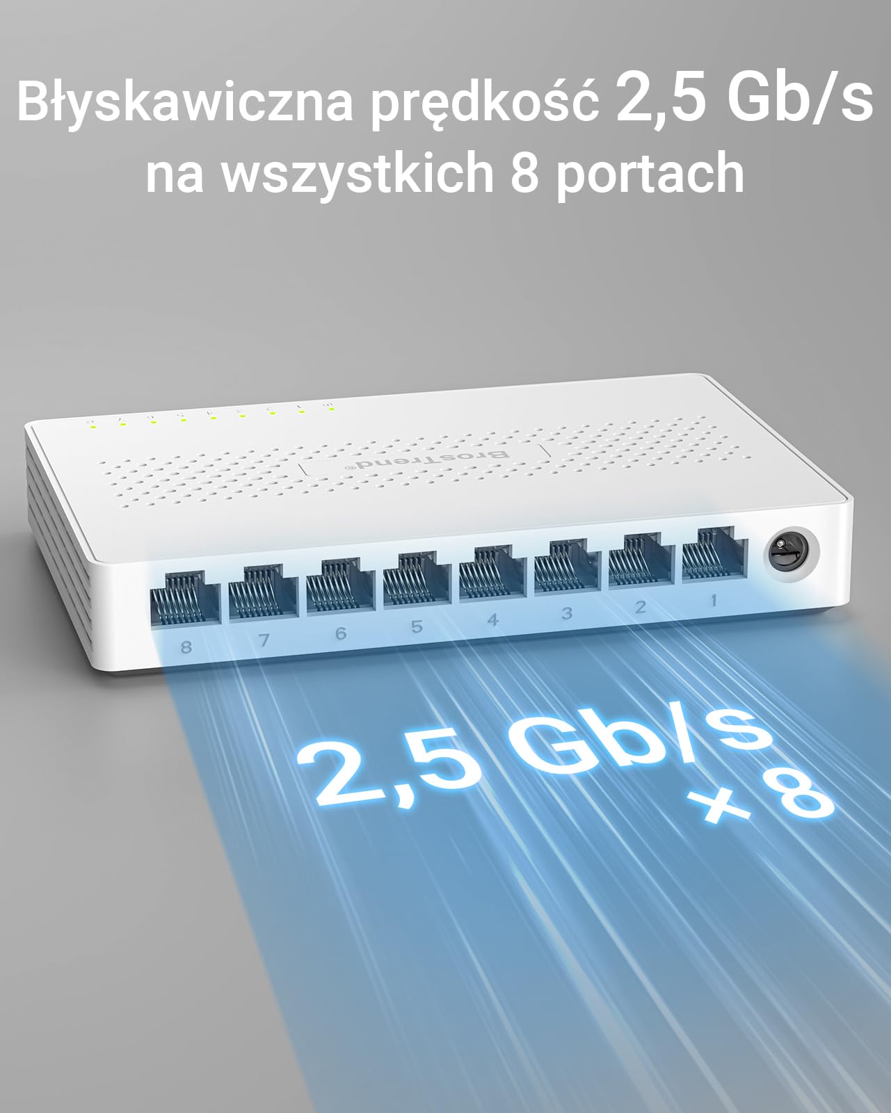 BrosTrend Przełącznik 8 portów 2,5 GB niezarządzany, dożywotnia ochrona | Plug & Play przełącznik Ethernet do konsoli do gier, komputera, NAS itp. Przełącznik sieciowy 2,5 Gigabit bez wentylatora