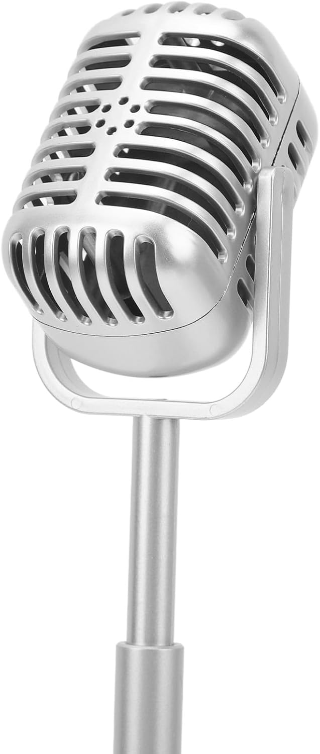 Retro Microphone Props Liftable Realistic Lightweight Fake Vintage Microphone Model Toy Prop with Stand for Cosplay Costume Role Play for Role Play Party Costume Stage (Silver)