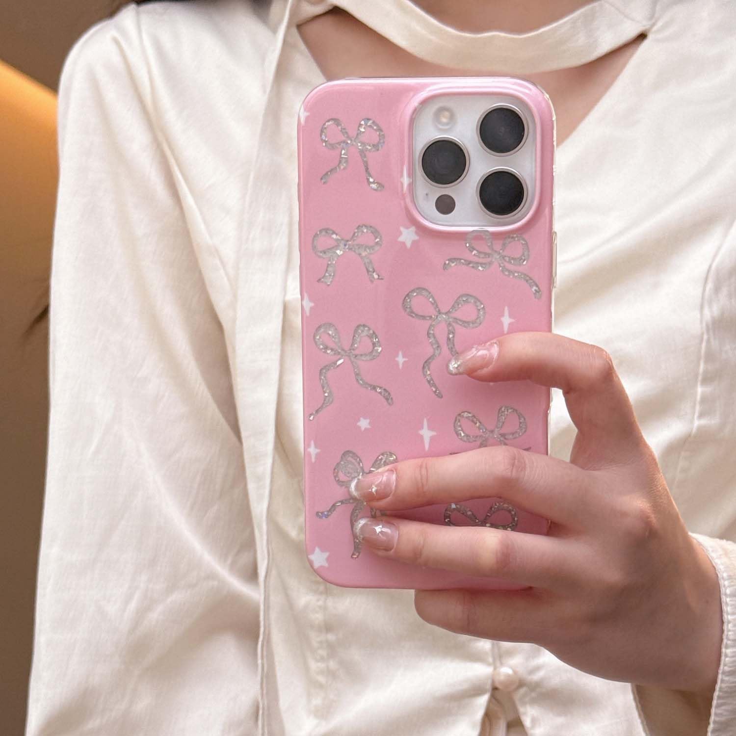 Fycyko Bow Phone Case for iPhone 14/13 Case Pink Cute Glitter Bowknot Aesthetic Girly Women Design Glossy Shockproof Protective Cover for iPhone 13/14