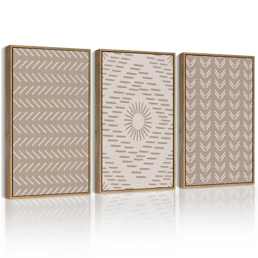 PHOPAGO Boho Geometric Framed Wall Art Mid-Century White Dot Collage Abstract Shape Illustration Neutral Modern Minimalist Painting Decorative Artwork 11x14in Natural Framed