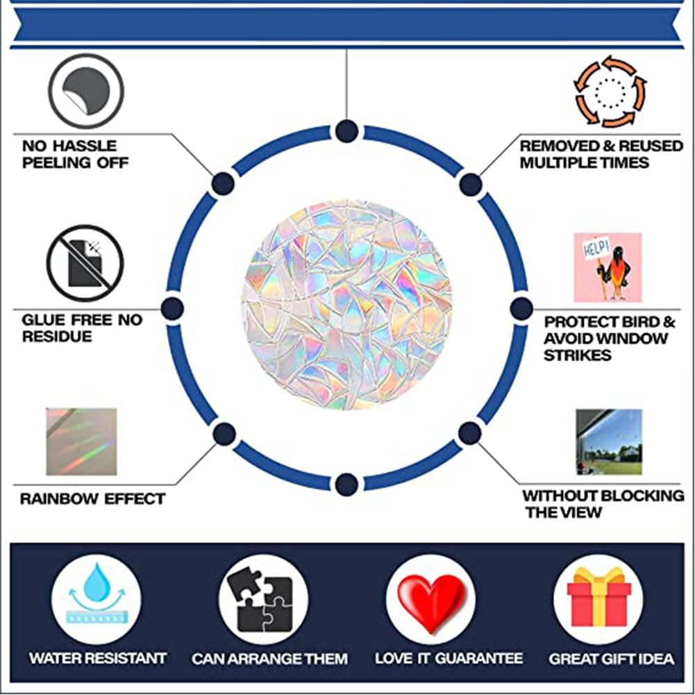 Jiklit Window decals for bird strikes?24 Pcs Bird Anti collision Rainbow window clings for bird window strike prevention,Rainbow window stickers to save Bird Strikes No glue required, Clear