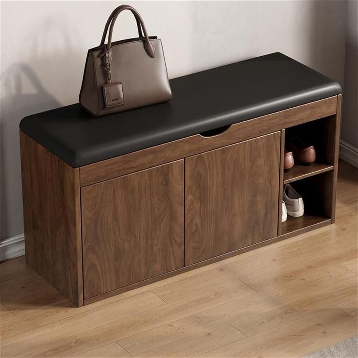Banc de rangement à chaussures en bois marron noisette de 99 cm avec coussin