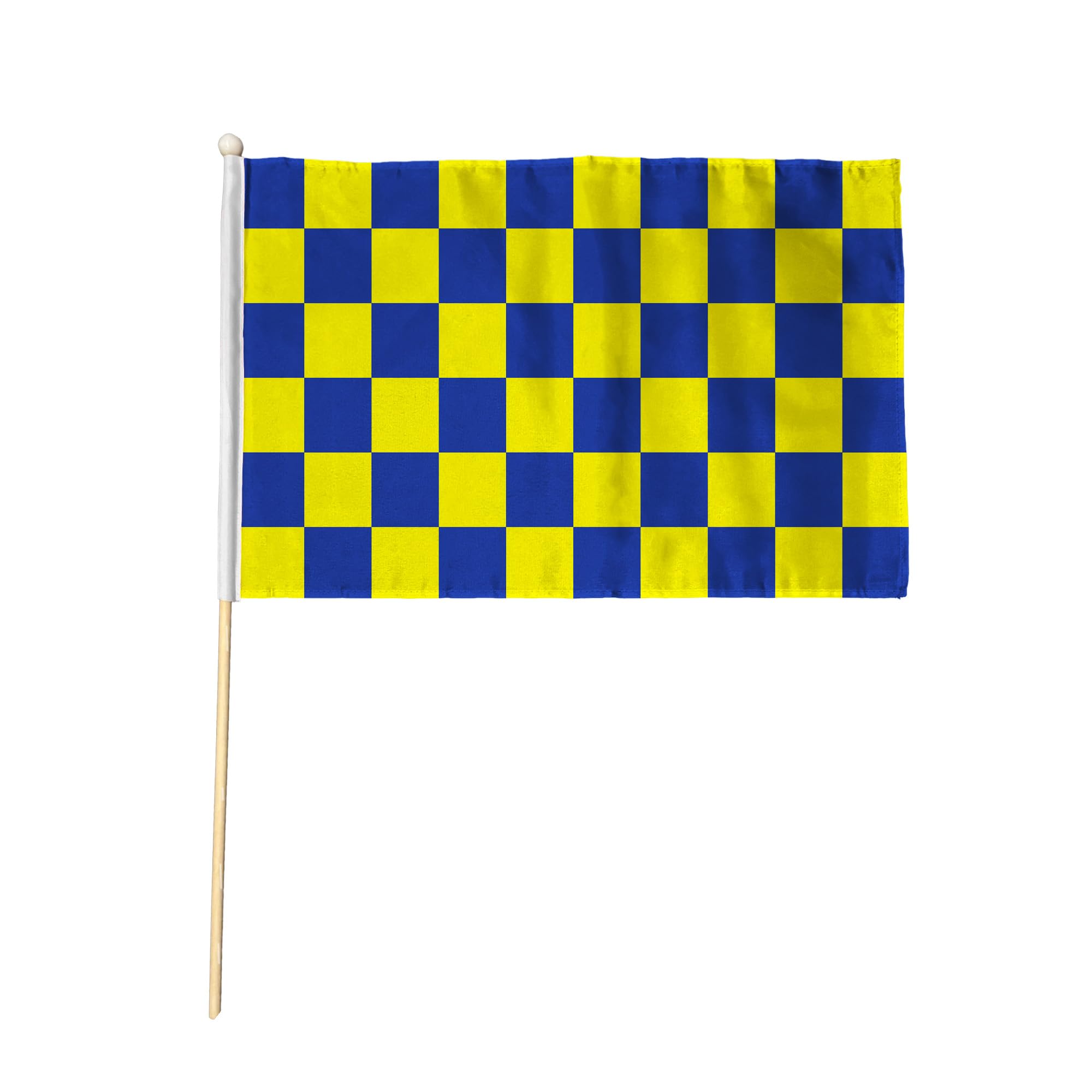 Flagtex Blue and Yellow Checkered Hand Waving Flags (9x6 Inch) 2 Pack - Premium Wooden Stick Hand Flags with Natural Wood Poles for Football Sports Events Supporters Celebrations