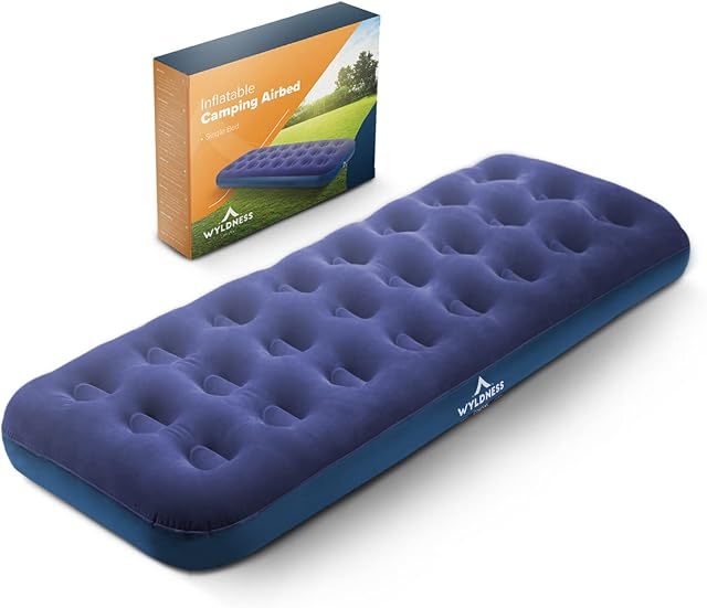Wyldness Camping Inflatable Airbed - Quick Inflating Outdoor Air Mattress with Spring Support & Durable Material I Versatile, Easy Store Blow Up Bed Perfect for Hiking, Festivals etc. (Single)