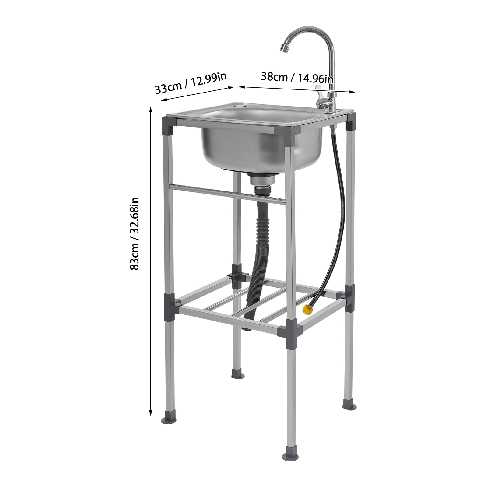 Évier de cuisine sur pied en acier inoxydable 38 x 33 x 83 cm - Avec robinet d'eau froide à 360 ° - Charge maximale : 60 kg - Isolation phonique - Avec tuyau d'écoulement, panier filtrant et