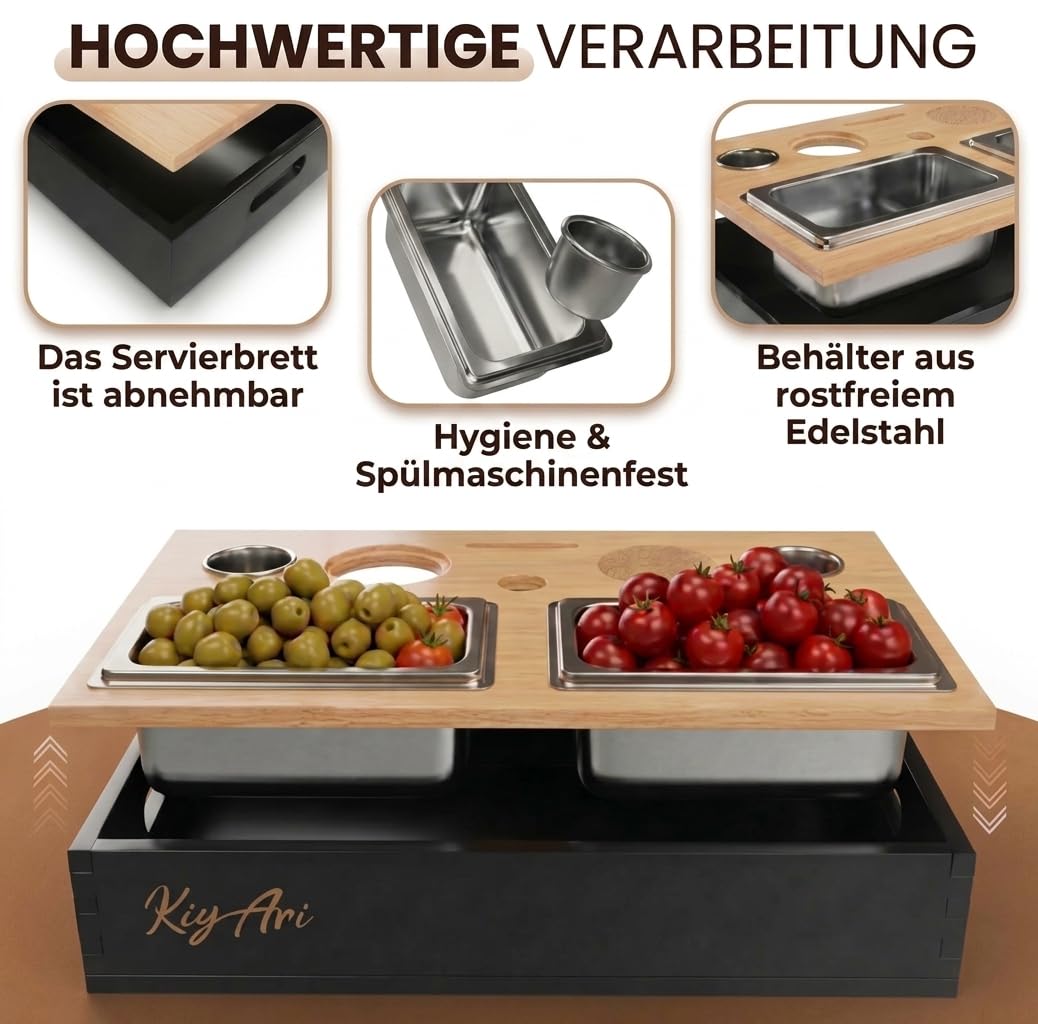 Couchbar Snackbox de bambú, 2 soportes para bebidas, 2 cuencos para aperitivos, soporte para teléfono móvil